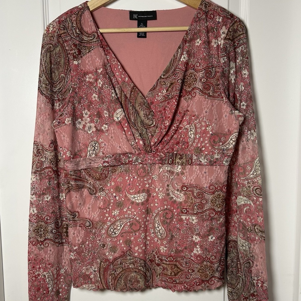 INC International Concepts Pink Paisley‎ Print Long Sleeve Blouse Y2K Boho Style